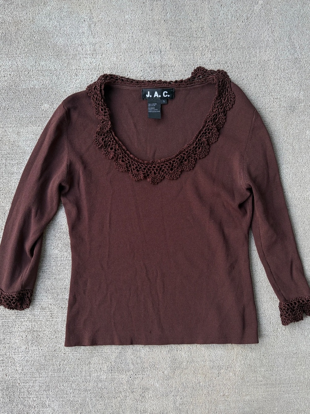 Vintage 90s JAC mocha brown crochet lace long sleeve blouse Y2K fairy ribbed top